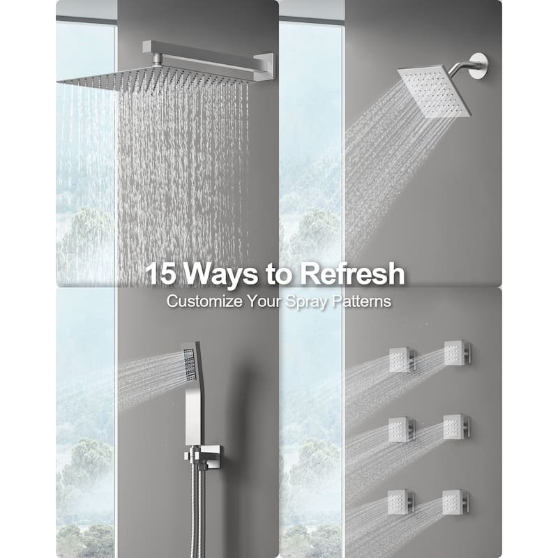 GRANDJOY Shower System Dual Shower Heads 16" and 6" Wall Mounted High Pressure Handheld Spray 6 Body Jets Thermostatic