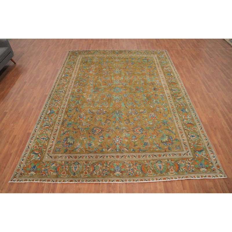 Hand Knotted Oriental 100% Wool Carpet Traditional Floral Yellow & Gold Tabriz Area Rug - 12' 7'' X 9' 7''