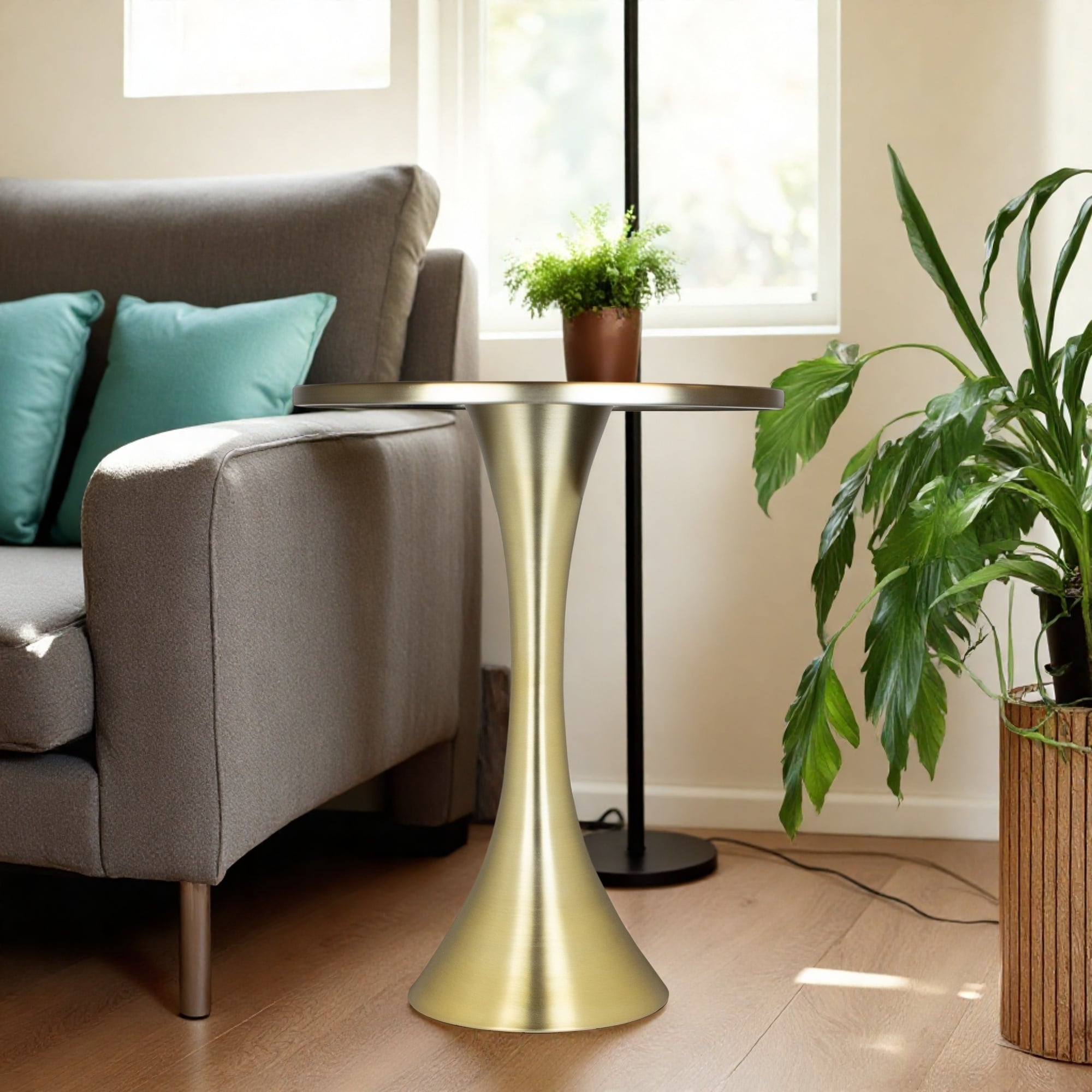 19"Contemporary Metal Accent Table with Hourglass Silhouette, Spun Metal End Table