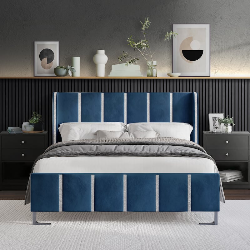 CraftPorch Luxurious Crystal Diamond Strip Velvet Upholstered Bed