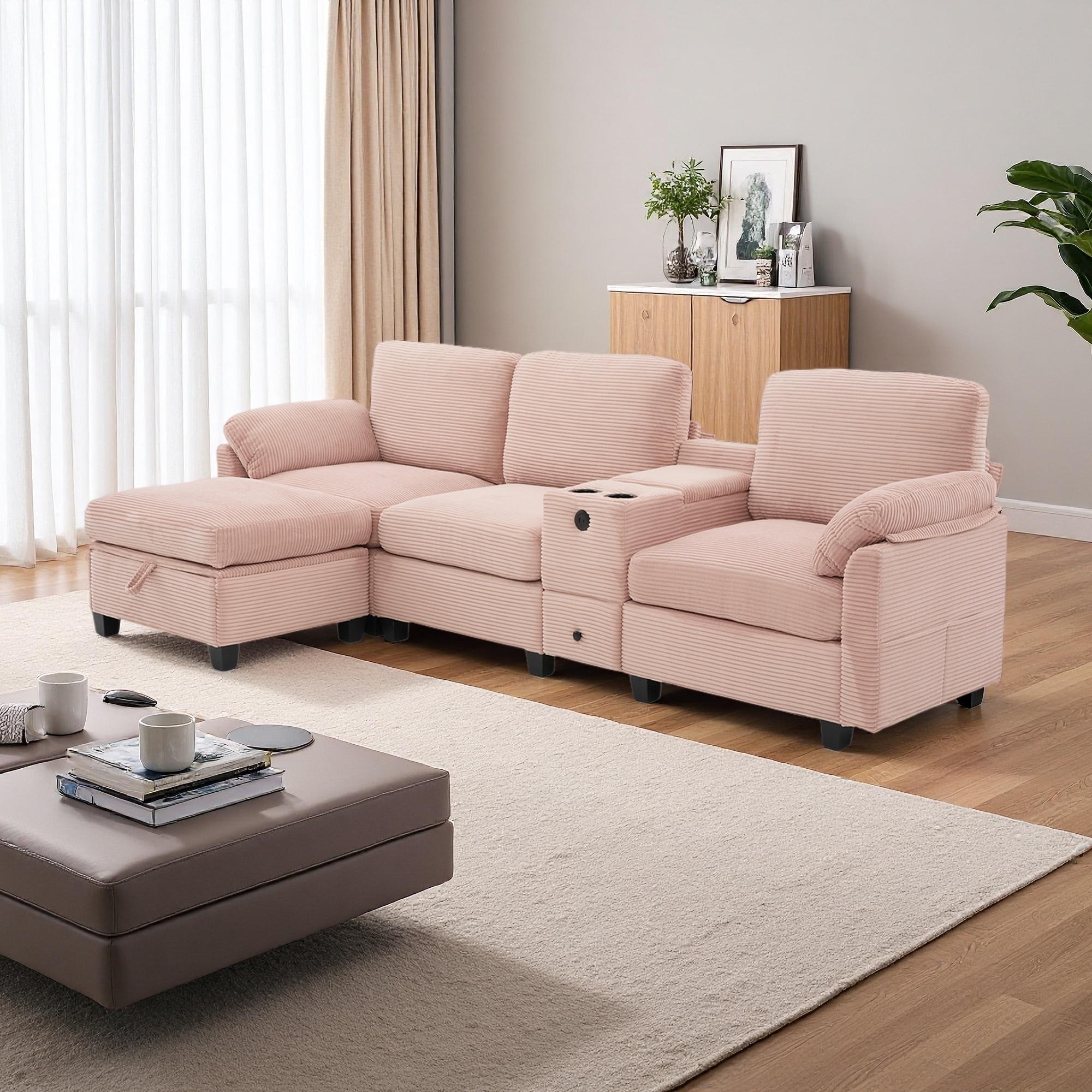 104.7" Corduroy L-Shaped 4-Seat Sectional Sofa with Cup Holders, USB Charging & Storage Ottoman