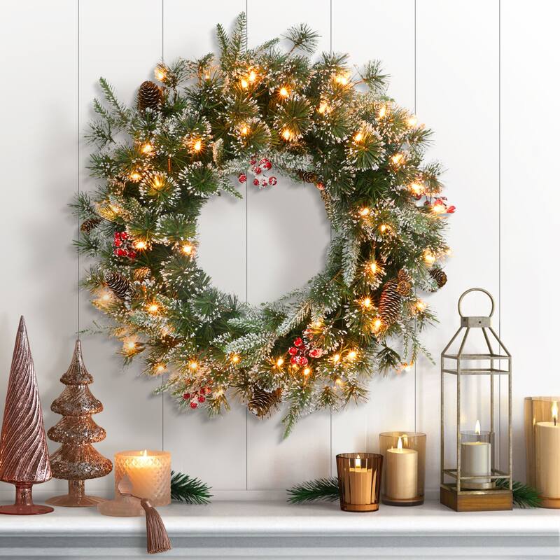 Puleo International 32" Pre-lit Glitter Wreath - Christmas Greenery Decorations