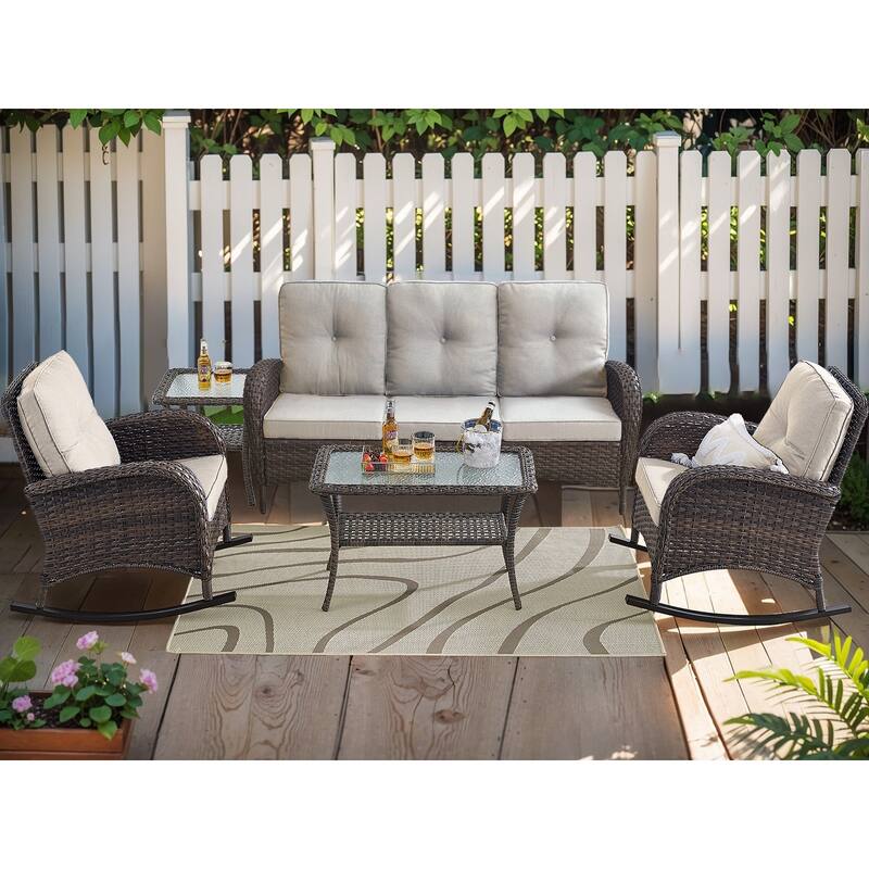 5 Pieces Rocker Chairs Patio Sofa Table Brown-Beige - Brown - Brown - Beige