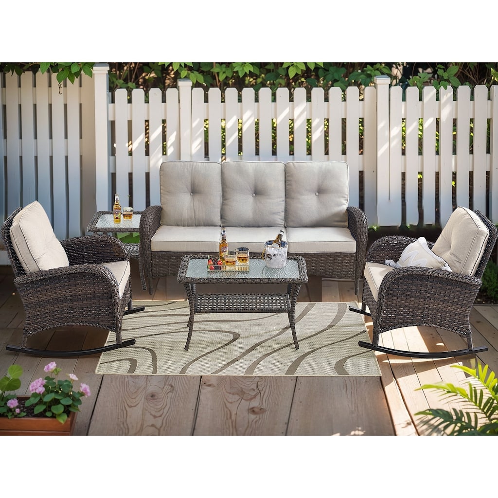 5 Pieces Rocker Chairs Patio Sofa Table Brown-Beige - Brown