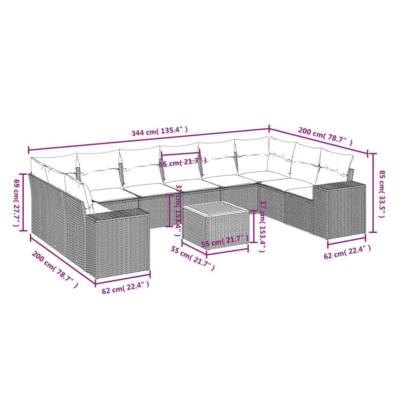 vidaXL Patio Sofa Set with Cushions Outdoor Furniture 11 Piece Poly Rattan - 24.4x 24.4x 27.2