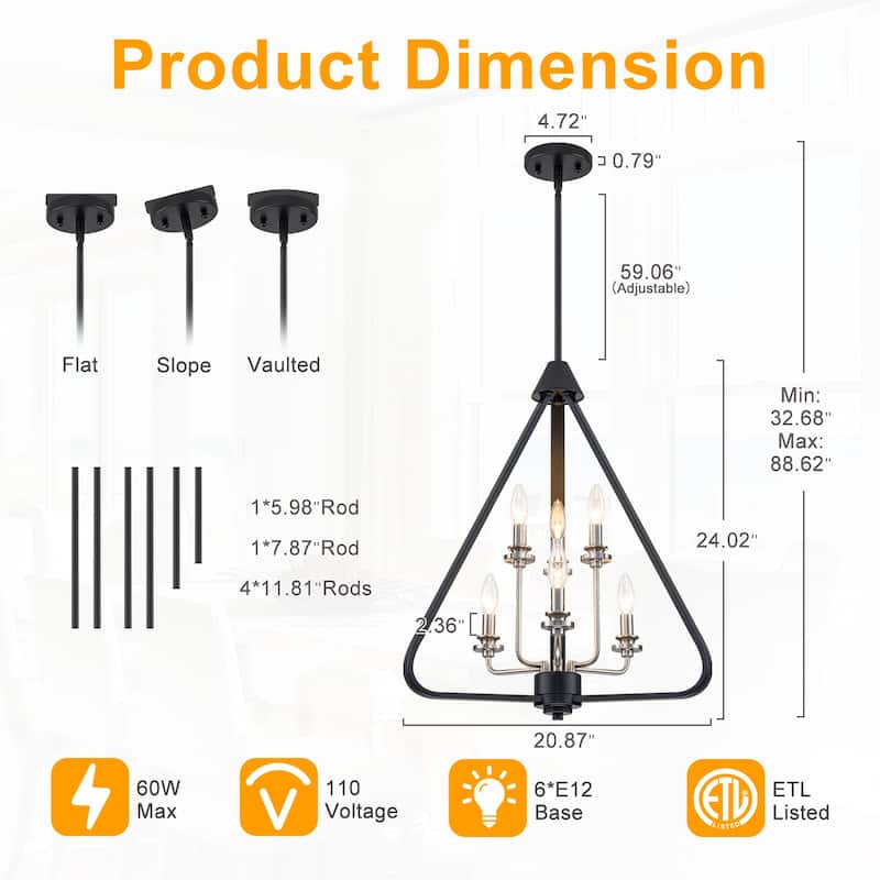 Industrial 6-Light Black & Nickel Tiered Pendant Chandelier Fixture - Dia.20.87-in