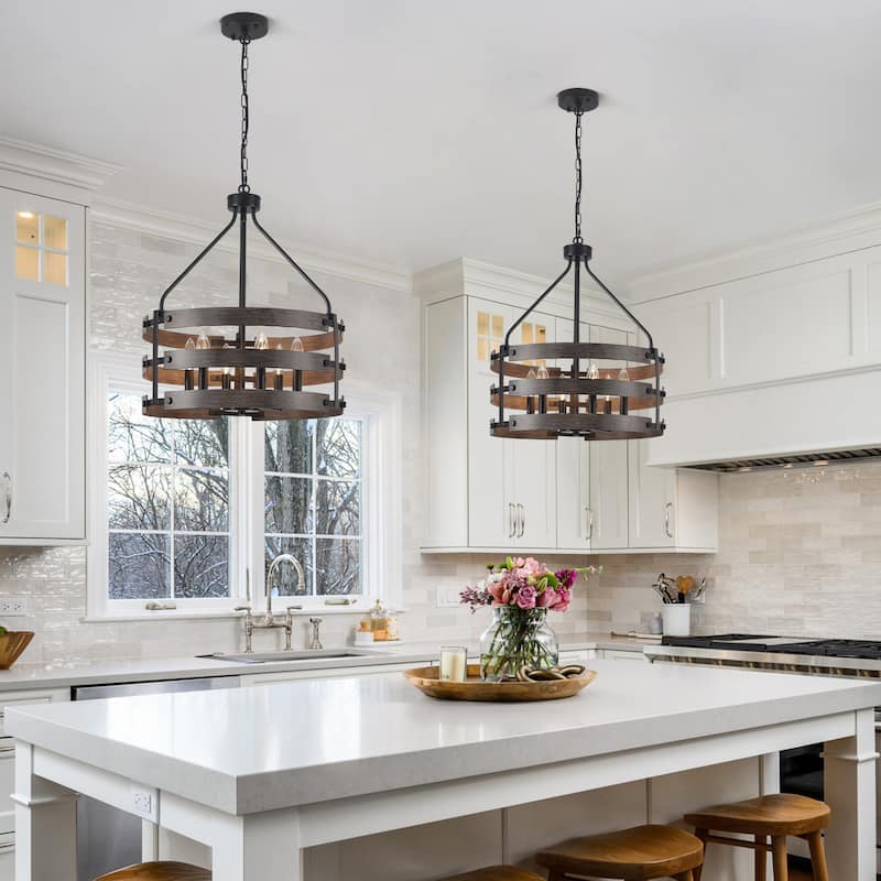 6-light Farmhouse Circle Foyer Pendant Light Hanging Island Chandelier for Dining Room