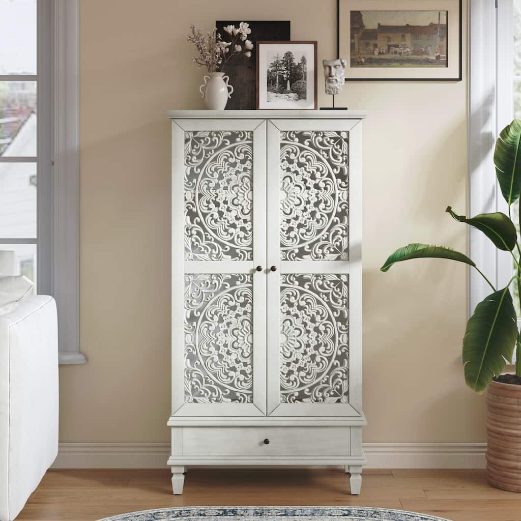 Tall Storage Cabinet with Drawer, Decorative 2-Door Carved Wood Accent Cabinet