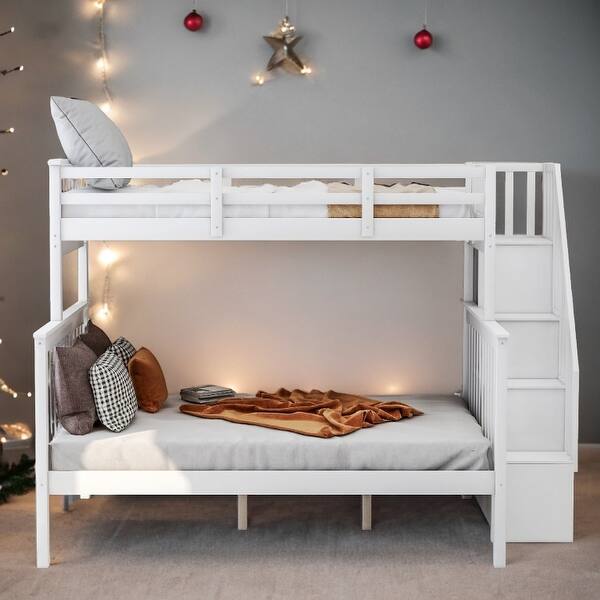 slide 2 of 14, Stairway Design Twin-over-Full Bunk Bed with Storage and Guard Rail for Bedroom White