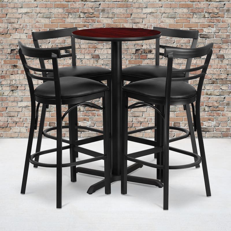24'' Round Laminate Table Set with X-Base and 4 Ladder Back Metal Barstools - 24"W x 24"D x 42"H