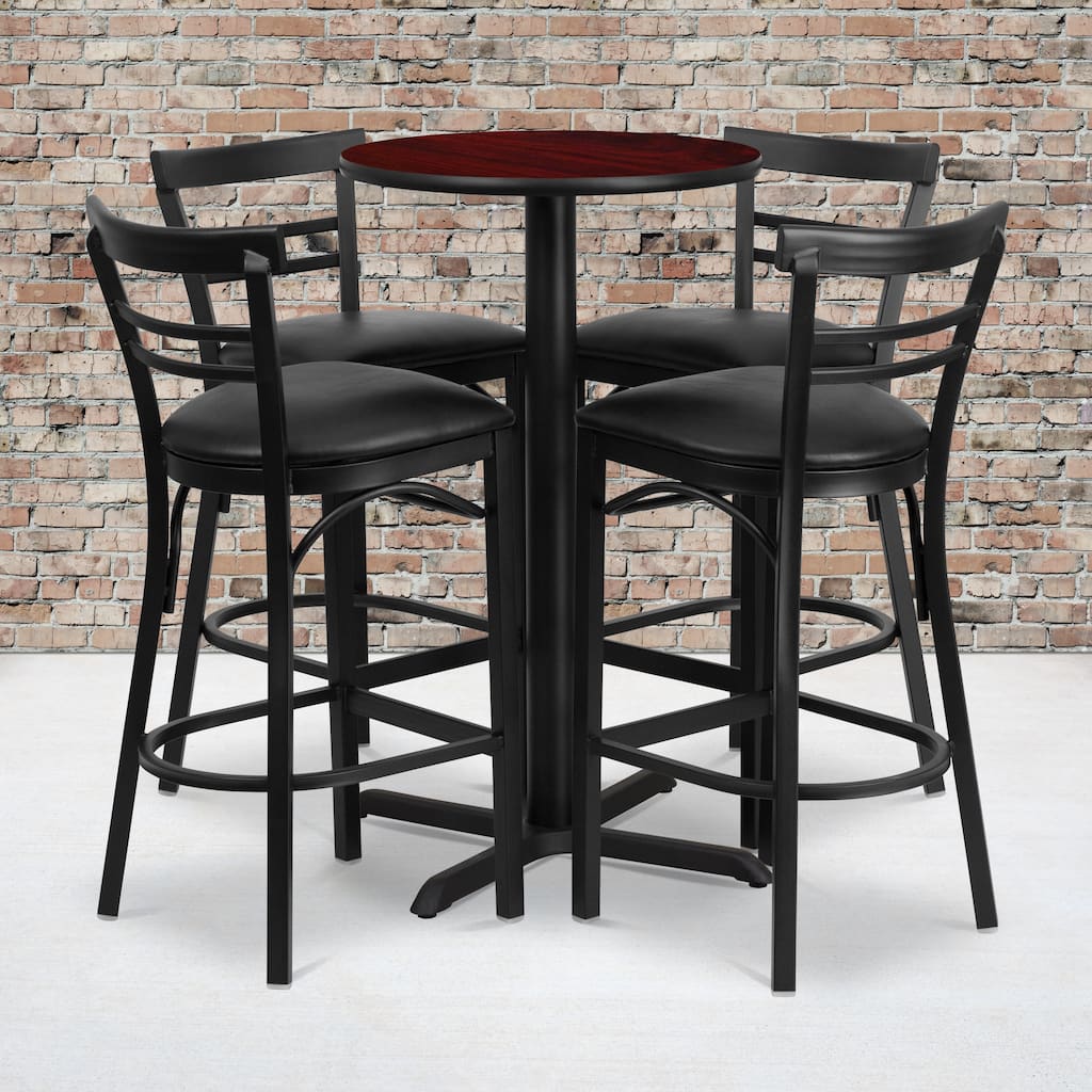 24'' Round Laminate Table Set with X-Base and 4 Ladder Back Metal Barstools - 24"W x 24"D x 42"H