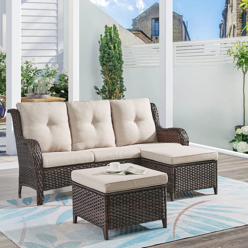Gymojoy 3-Piece Outdoor Wicker Patio Furniture with 3 Seat Sofa, Rattan Coversation Set with Water Resistant Thick Cushions - Brown Wicker / Beige Cusion - 3-Piece