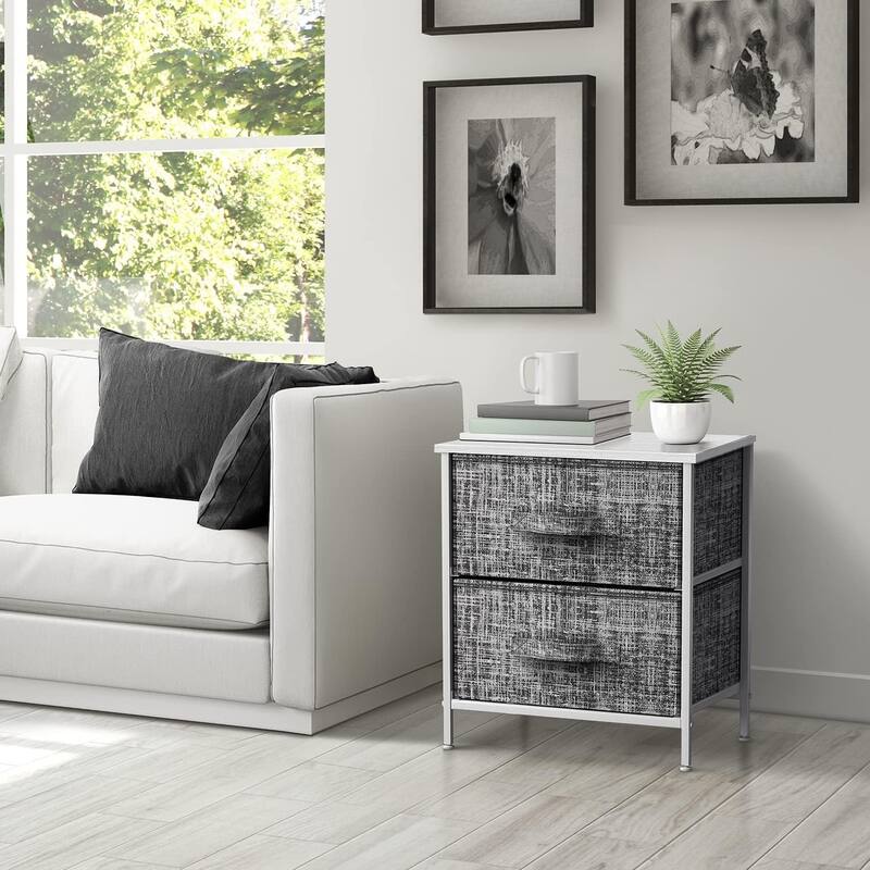 2 Drawer Nightstand Dresser Organizer Steel Frame Wood Top Fabric Bins