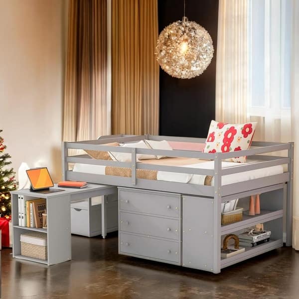 slide 2 of 16, Full Size Wooden Loft Bed with Storage Stairs and Shelves,Space-saving Multi-Functional Loft Bed,Gray Gray