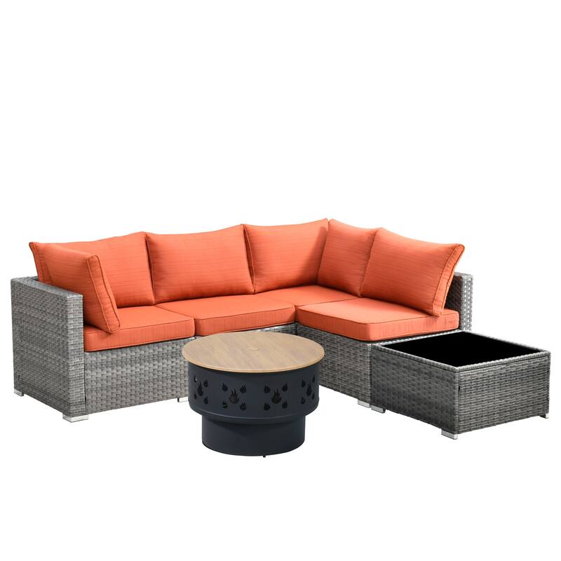 XIZZI 6-piece Outdoor Wicker Furniture Sectional Set with Wood Burning Firepit