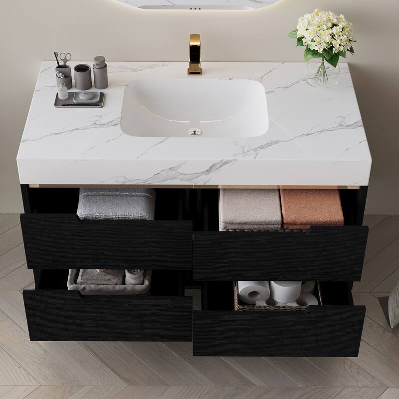 35.4" Modern Bathroom Vanity with Undermount Sink,Waterproof Multi-Layer Solid Wood,4 Drawers Storage,Free-Standing/Wall-Mounted