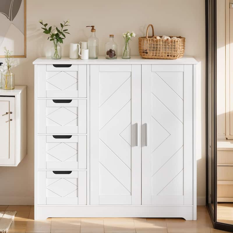 VECELO Wooden Bathroom Floor Cabinet, Side Storage Organizer Cabinet with 4 Drawers, Freestanding Entryway Storage Unit
