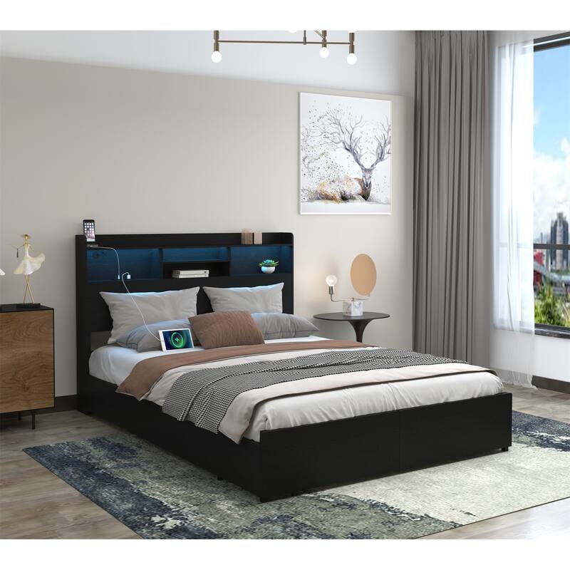 Full Storage Bed Frame with 6 Drawers, Headboard, USB Charging, and LED Lights - Black