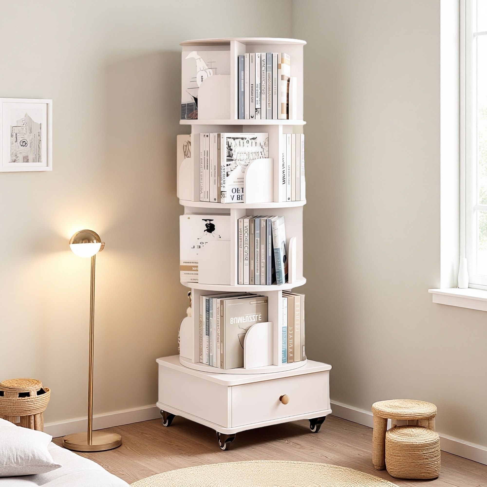 57"H 5-Tier Wooden Rotating Bookshelf with Drawer, 360° Display Corner Bookcase, Floor Standing Storage Rack for Bedroom