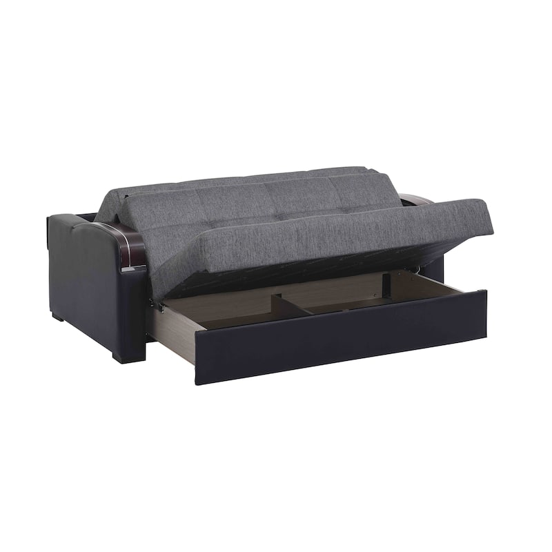 HomeRoots 74" Gray Chenille Convertible Futon Sleeper Sofa And Toss Pillows With Storage