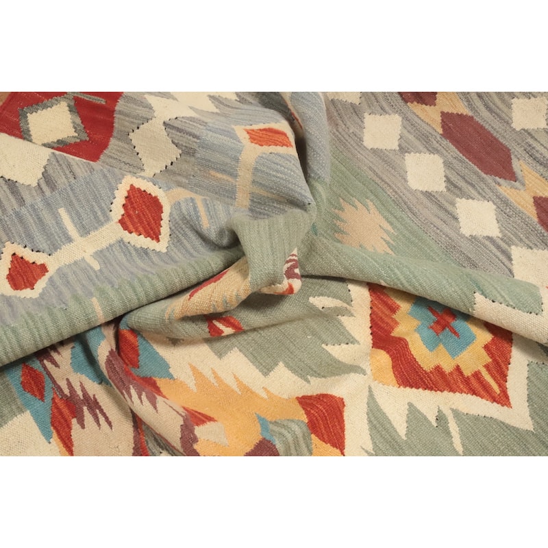 Hand Woven Oriental 100% Wool Carpet Southwestern Tribal Green Kilim Area Rug - 10' 0'' X 6' 9''