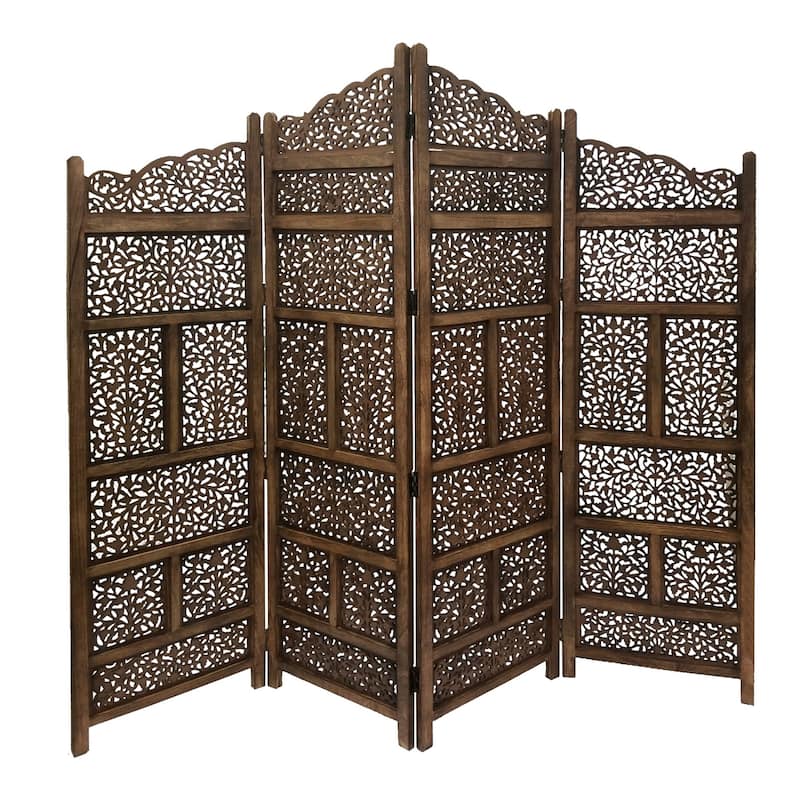 Benzara Hand Carved Foldable 4 Panel Wooden Partition Screen Room Divider,Brown