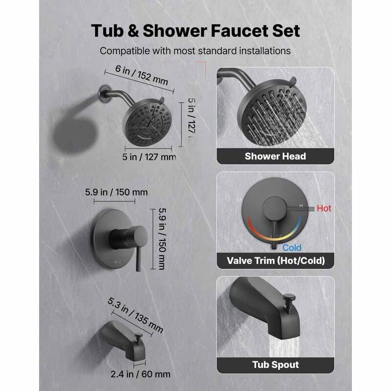 Matte Black ABS Stainless Steel Tub and Shower Faucet Set with 8-Mode Shower Head - 5 x 3.58 in