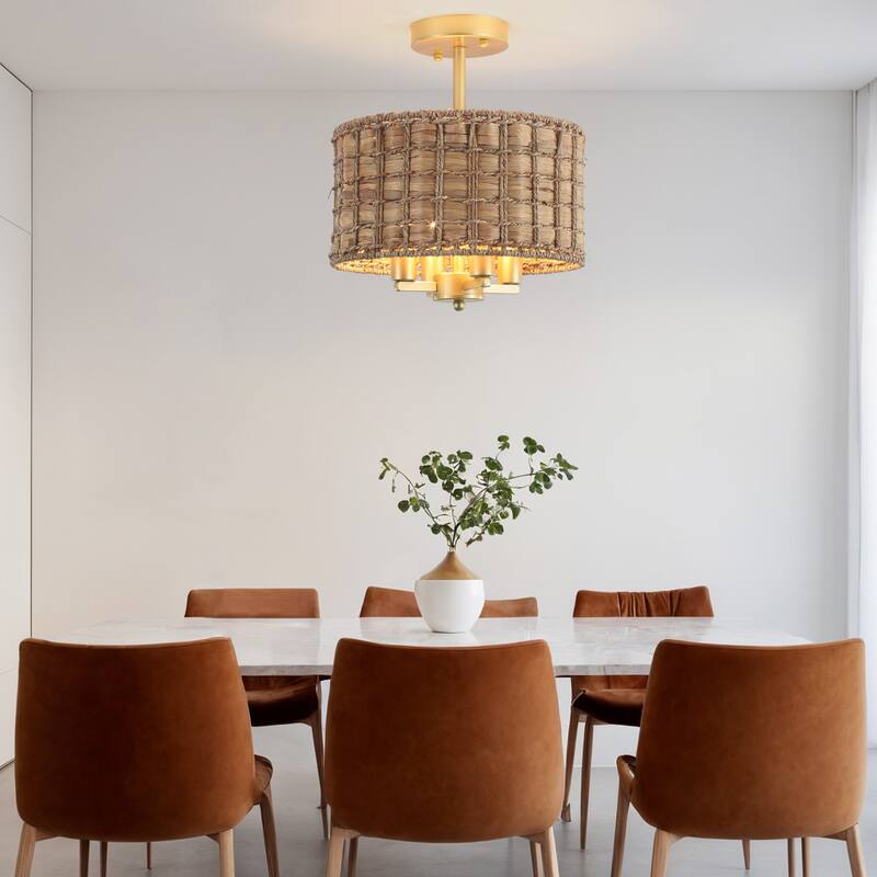 4-Light Classic Candlestick Hanging Semi Flush Mount Ceiling Lighting Chandelier with Rattan Shade for Dining Room