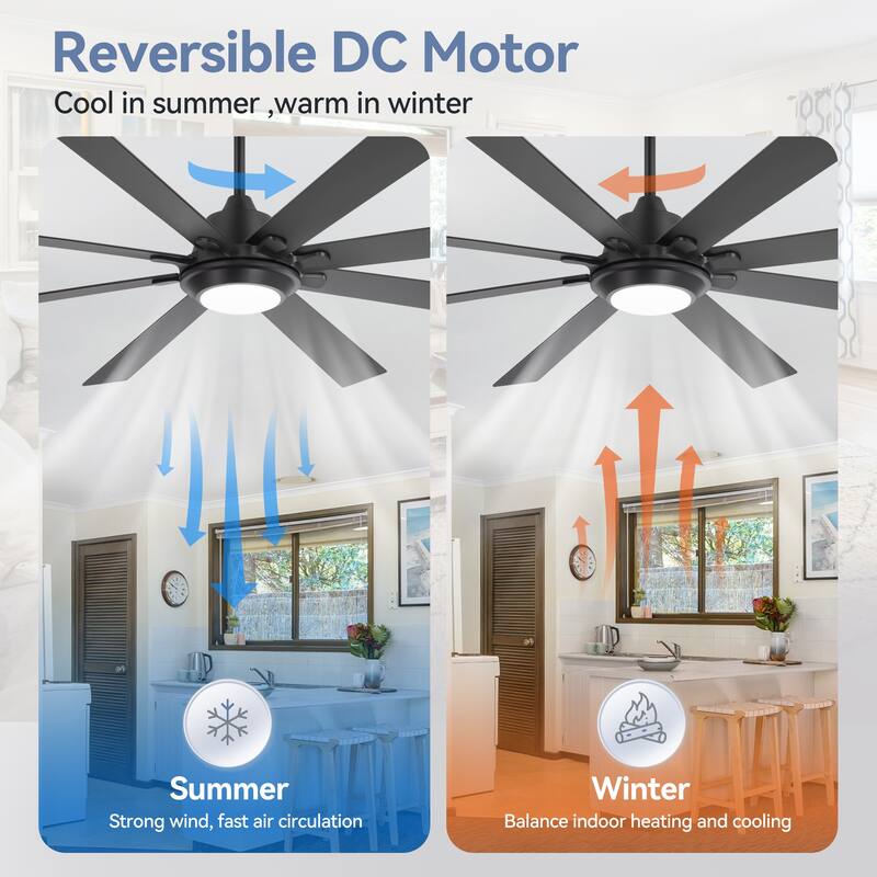 65"/72" Modern Black LED Ceiling Fan with Light Remote (8 Reversible Blades)