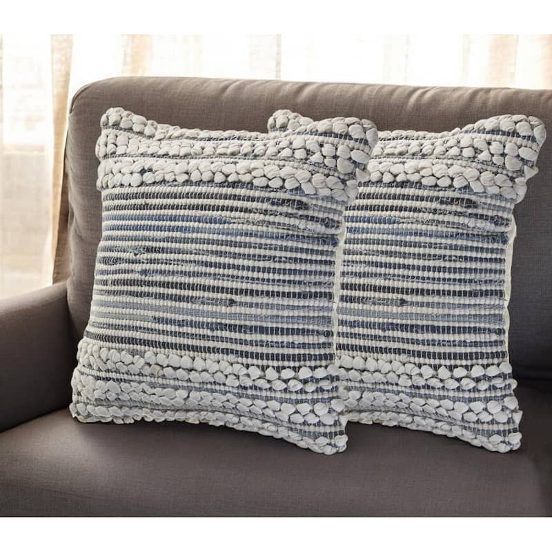 Set of Two Blue and Ivory Striped Cotton Throw Pillow - Blue and Ivory