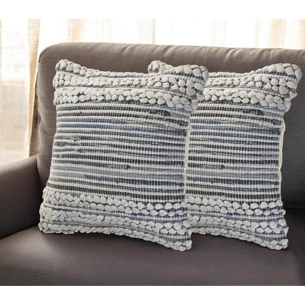 Set of Two Blue and Ivory Striped Cotton Throw Pillow