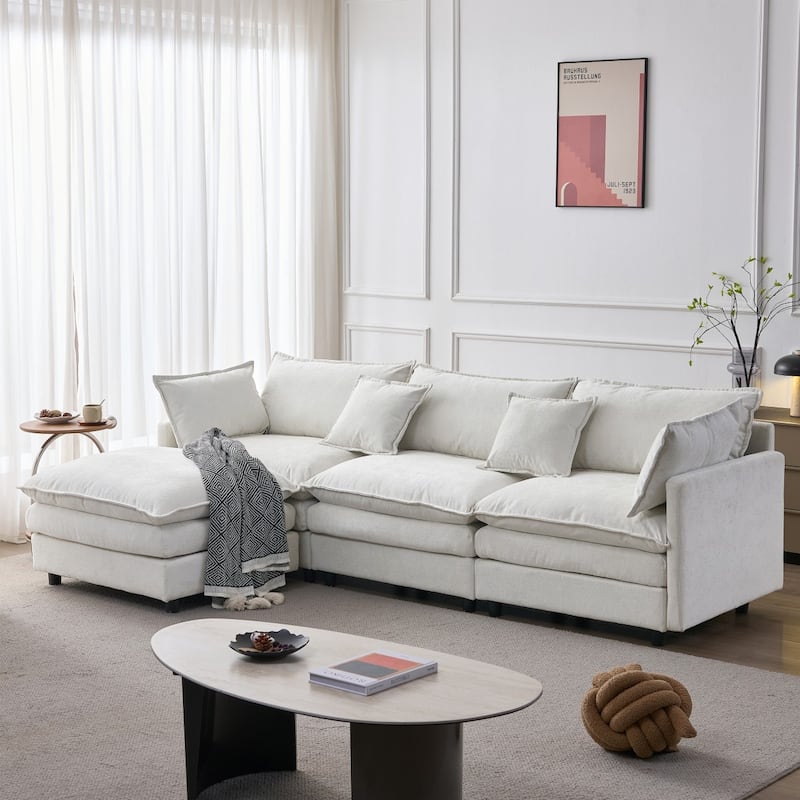 105" Modern L-Shaped Chenille Fabric 3 Seater Sectional Sofa with Ottoman