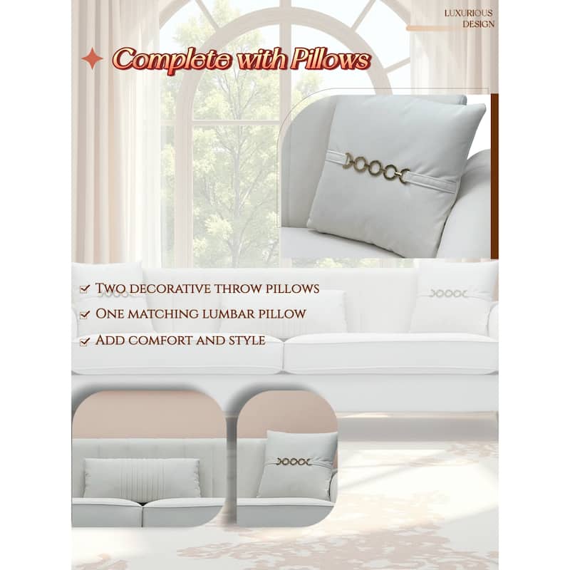 Roomfitters 87.4 Inch 3 Seater Elegant Modern Upholstered Sofa with Gold Metal Trim, Vertical Channel Tufted Back