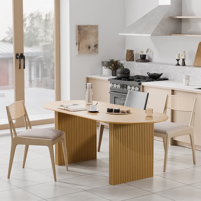 Modern Oval Wooden Dining Table - 79" Large Size, Sturdy Fluted Base, Natural Oak Finish for Dining Room