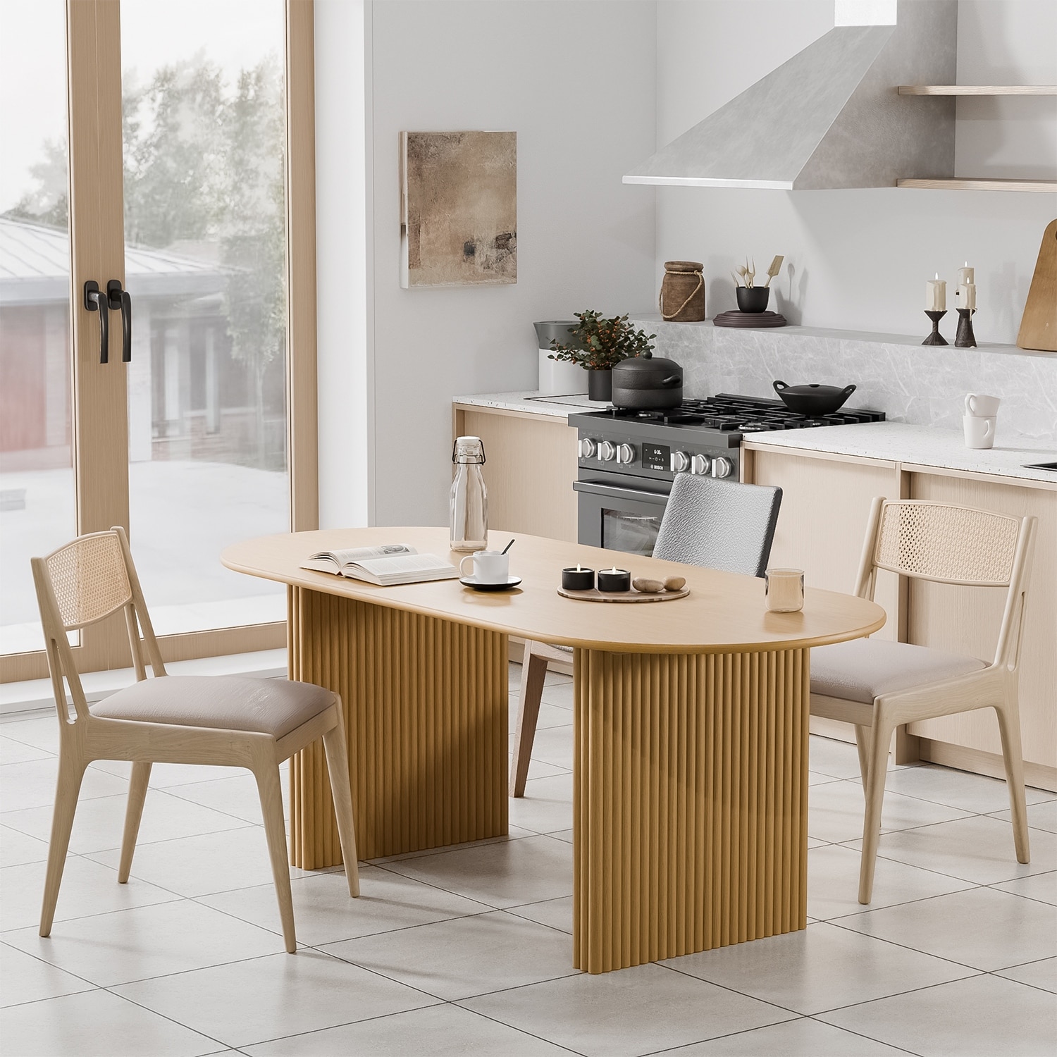 Dovelina Modern Oval Wooden Dining Table Sturdy Fluted Base for 8 People