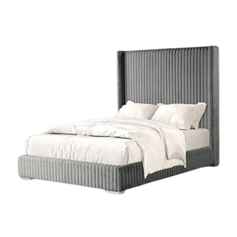 Wolo Queen Bed, Gray Fur Chenille Ribbed Upholstery, Wing Headboard
