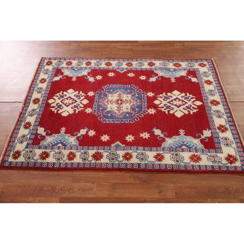 Red Kazak Rug Handmade Geometric Wool Carpet - 3'5"x 5'1"