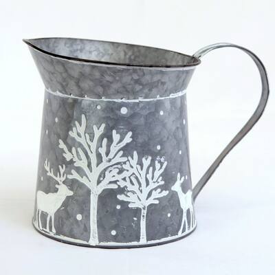 Silver With Handle And White Trees And Deer Pattern Jug