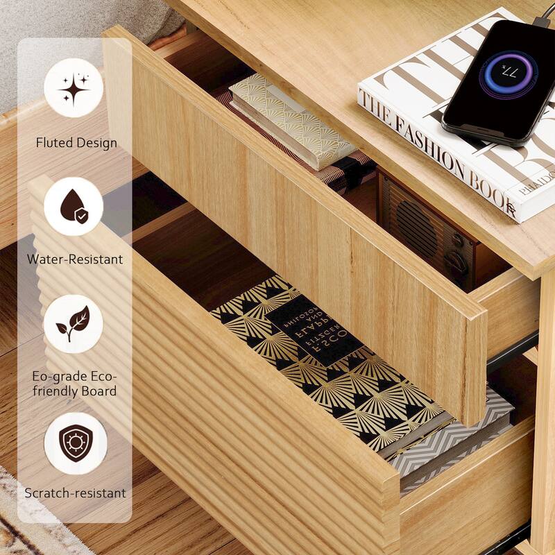 WAMPAT Fluted Nightstand with Charging Station,Modern Side Table with 2 Drawers