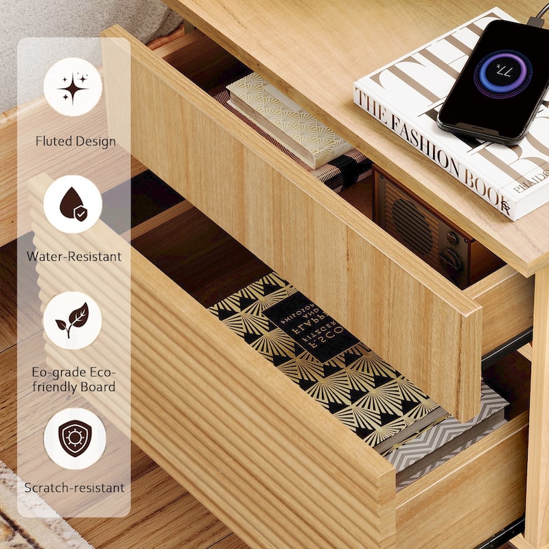 WAMPAT Modern Minimalist Nightstand And Bedside Cabinet Set, Reeded Bedroom Set, Oak Wooden Chest With Hidden Handles