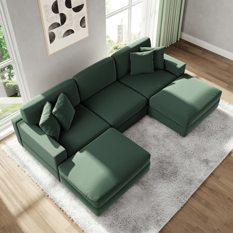 Modular Corduroy Sectional Sofa Set Chaise Couch with Ottoman
