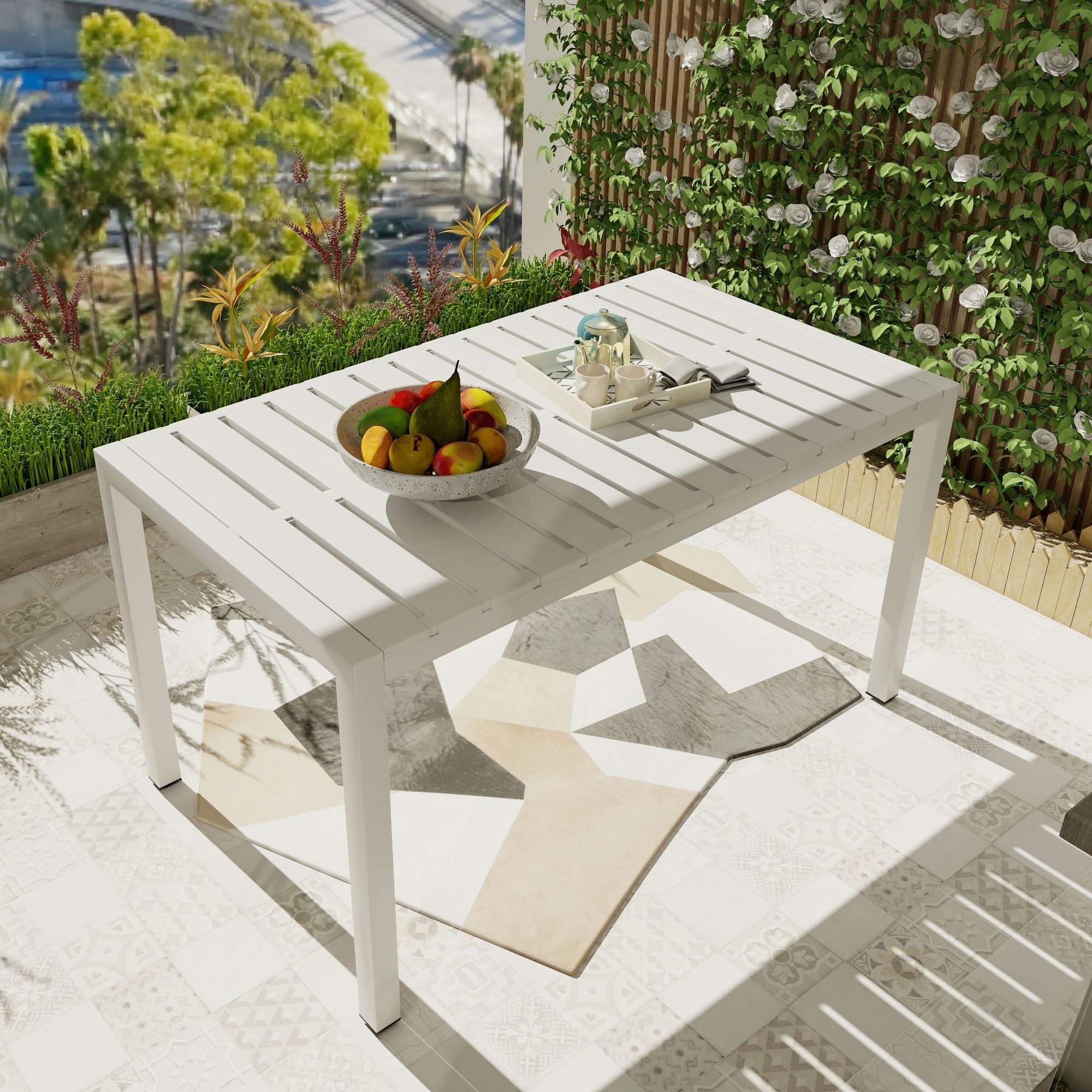 Roomfitters Summer 55 Inch Modern Long Patio Table, White All-Weather Dining Table