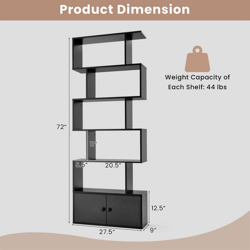 Gymax 2PCS 6-Tier Shaped Bookshelf w/ Cabinet 6-Tier Tall Bookcase w/