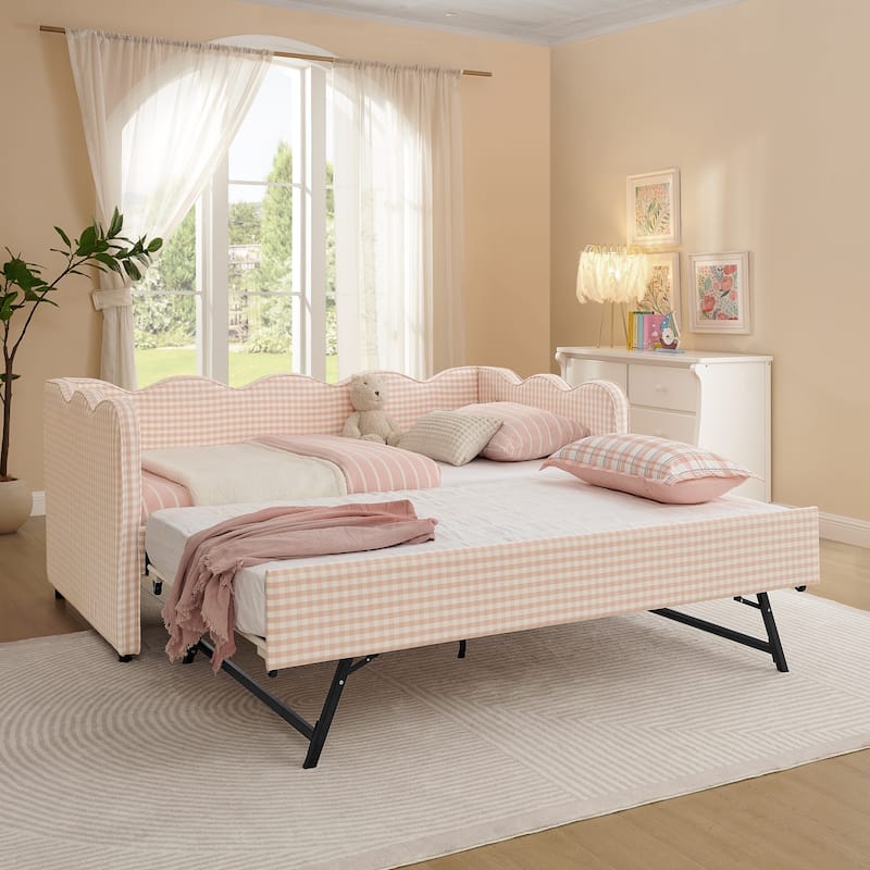 Linen Fabric Gingham Daybed with Trundle, Twin Size Sofa Bed with USB Port and Adorable Wave Shaped Headboard