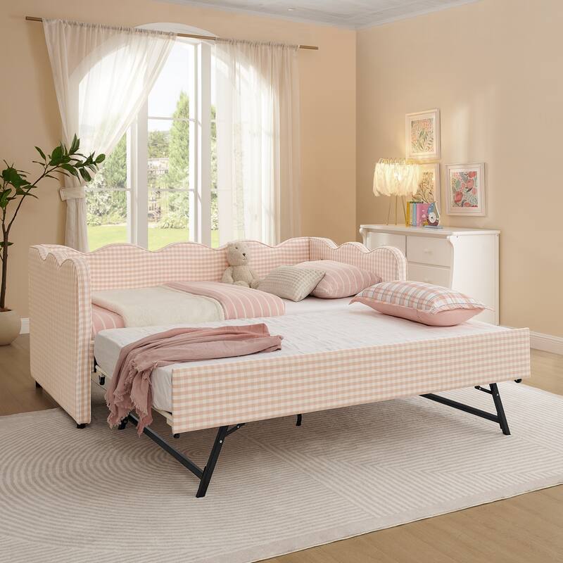 Twin Size Gingham Daybed Upholstered Sofa Bed with Trundle, Wave Shaped Armrest & Backrest, USB Port, No Box Spring Needed