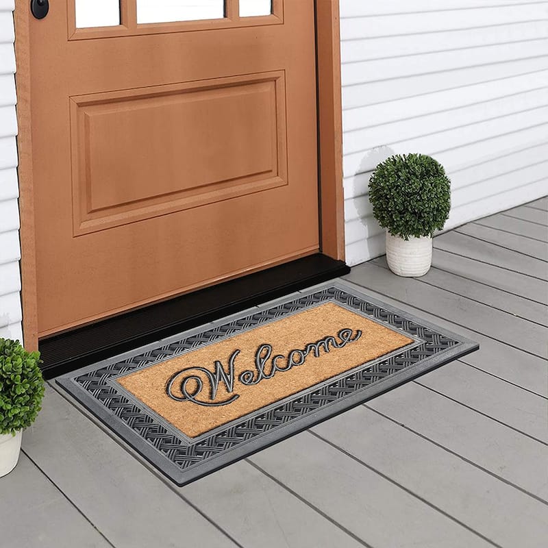 A1HC Welcome Check Border Rubber and Coir Outdoor Doormat, 23"X38", Black