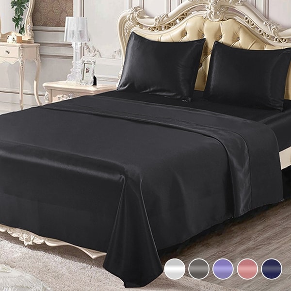 Luxurious Soft Silky Satin Sheet Set includes 4pc Flat Fitted Sheets Pillowcases 