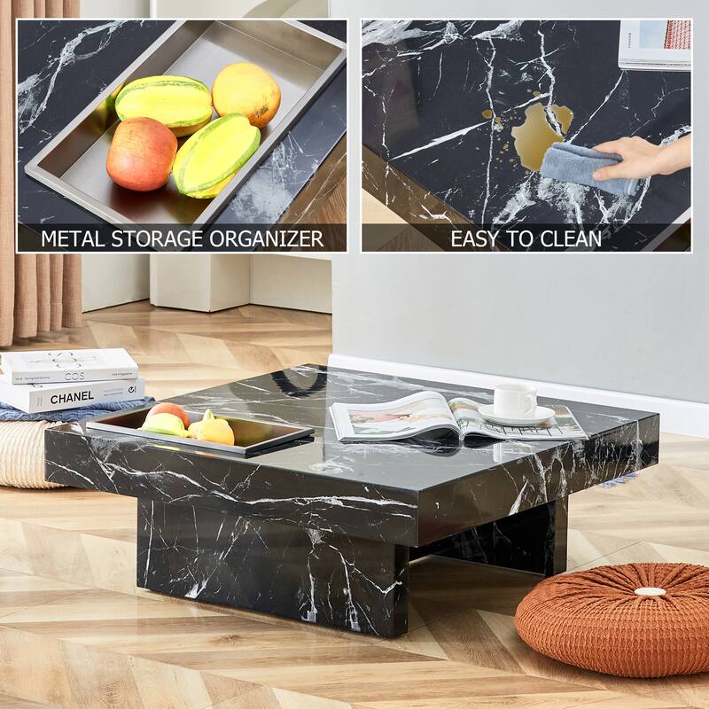 A modern and practical coffee table made of MDF material with black patterns. The fusion of elegance and natural fashion