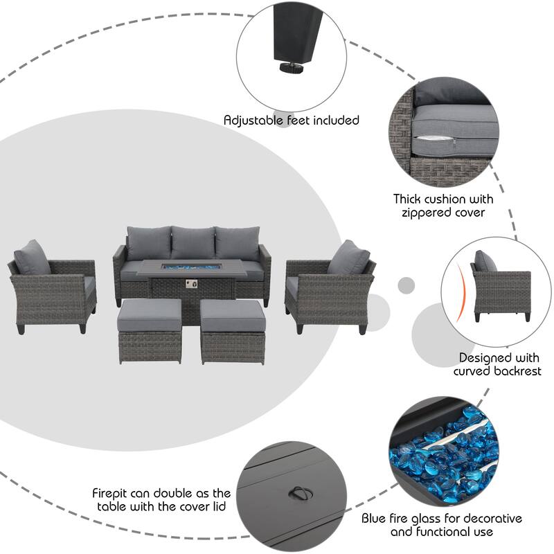 Outdoor 6 Pieces Wicker Sectional Sofa Set with Fire Pit Table