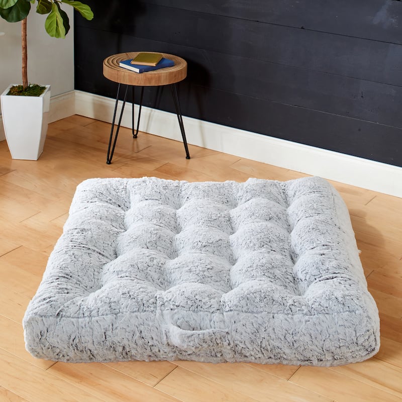 Sorra Home Large Indoor Faux Fur Tufted Floor Pillow with Handle - 40 in x 40 in x 5 in - Fauxchilla Silver Fox